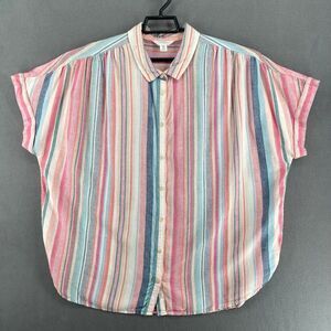 Time Tru Womens Shirt XXL Linen Button Up Pink Vertical Stripes Resort Relaxed